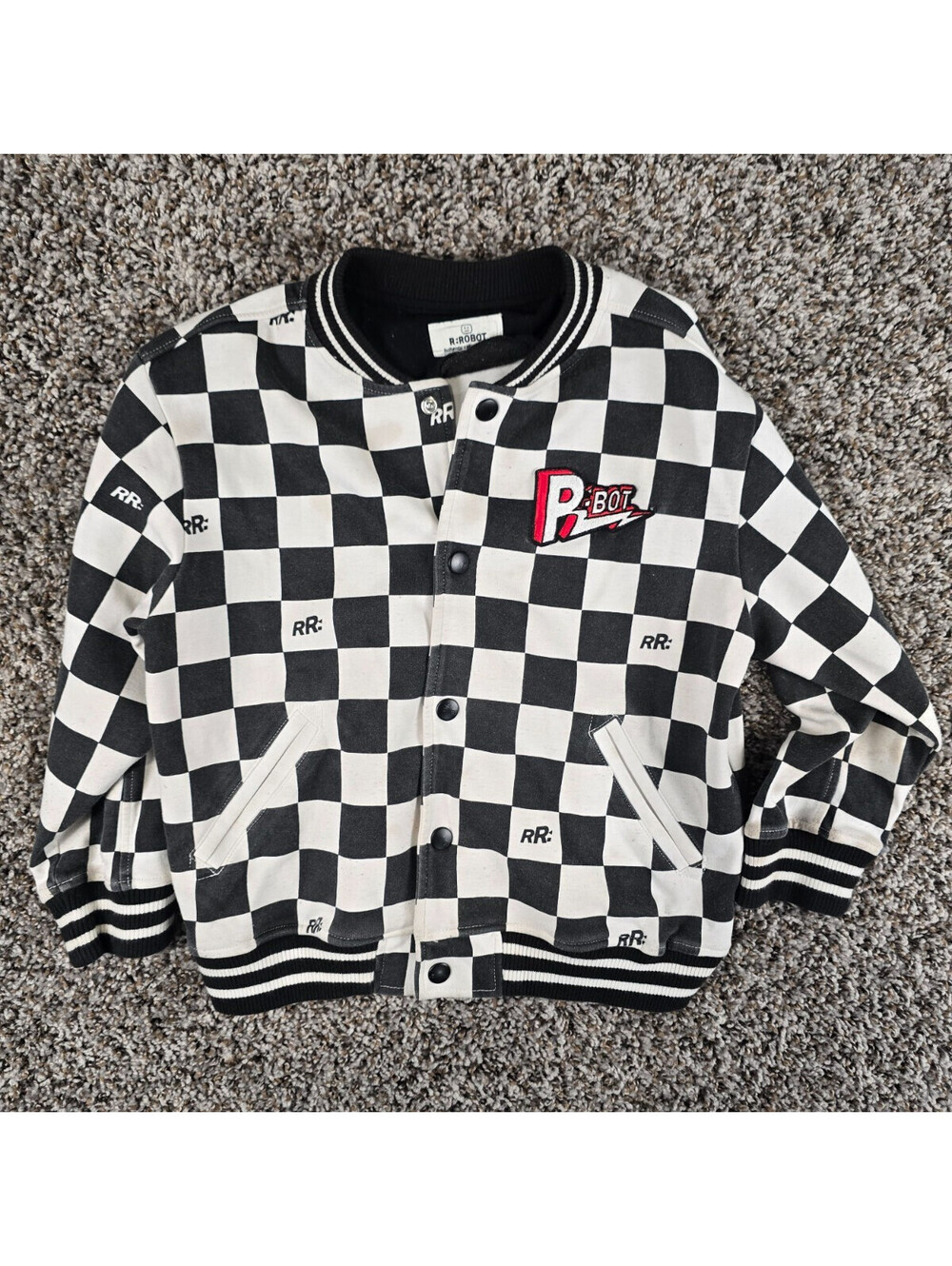 R.Robot checkered varsity jacket Streetwear Boys Sz 120 US 6-7 Black White